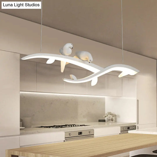 Modern Branch Hanging Pendant Lamp With Acrylic Led White Finish And Bird Deco Warm/White Light -