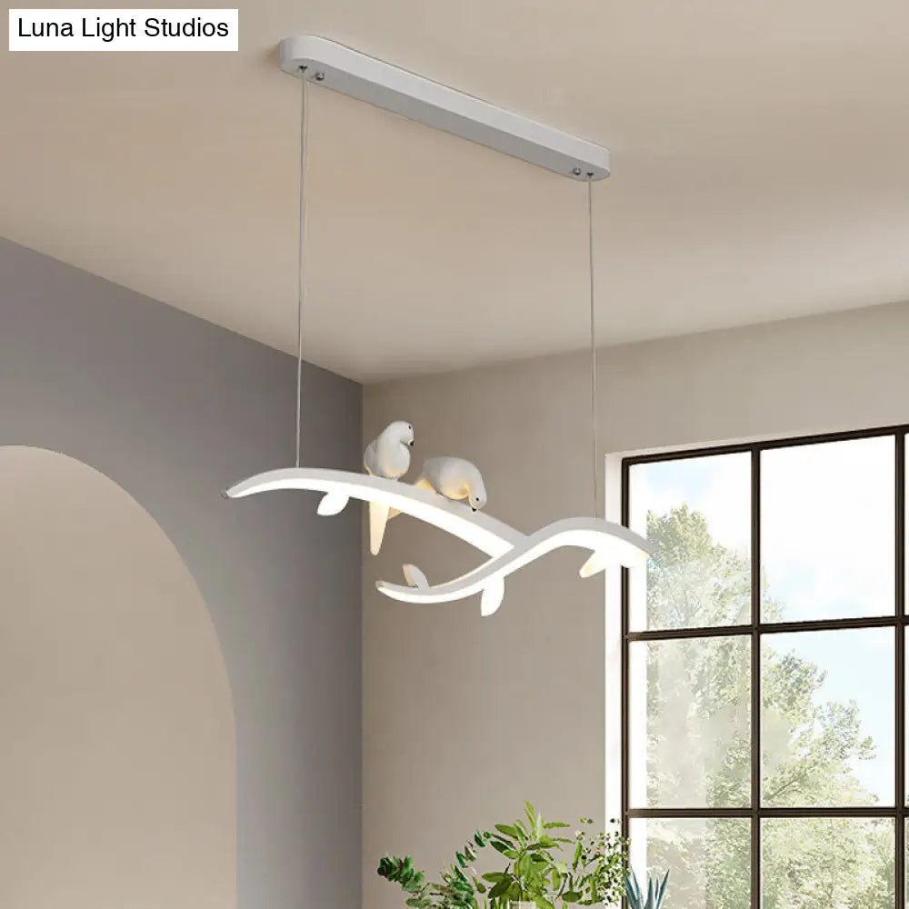 Modern Branch Hanging Pendant Lamp With Acrylic Led White Finish And Bird Deco Warm/White Light -