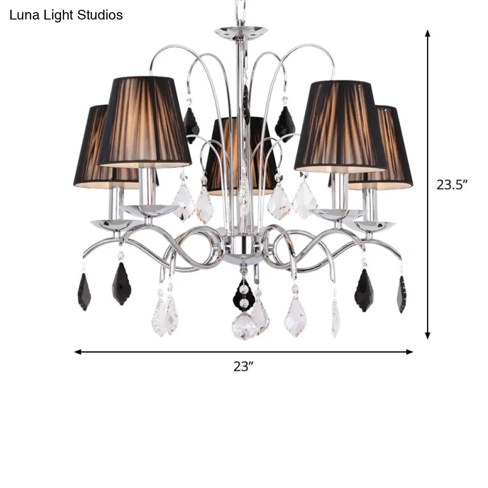 Contemporary Black 5-Light Chandelier With Swirled Arm Pleated Fabric Shade - Ceiling Fixture