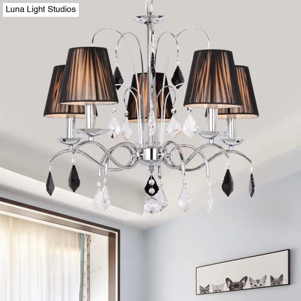 Contemporary Black 5-Light Chandelier With Swirled Arm Pleated Fabric Shade - Ceiling Fixture