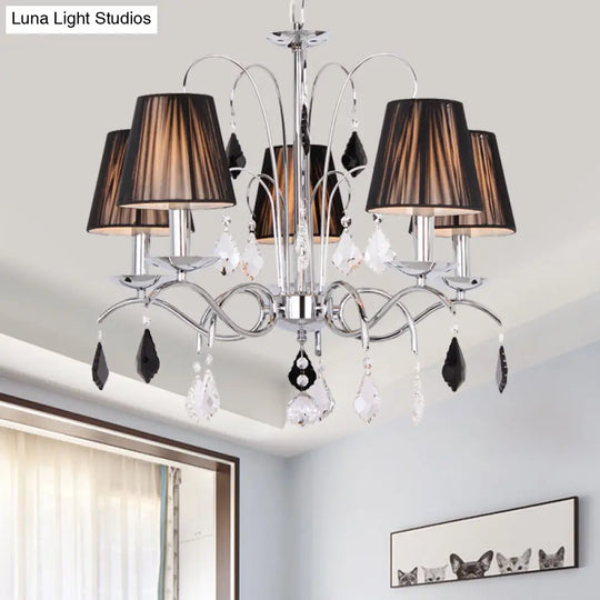 Contemporary Black 5-Light Chandelier With Swirled Arm Pleated Fabric Shade - Ceiling Fixture