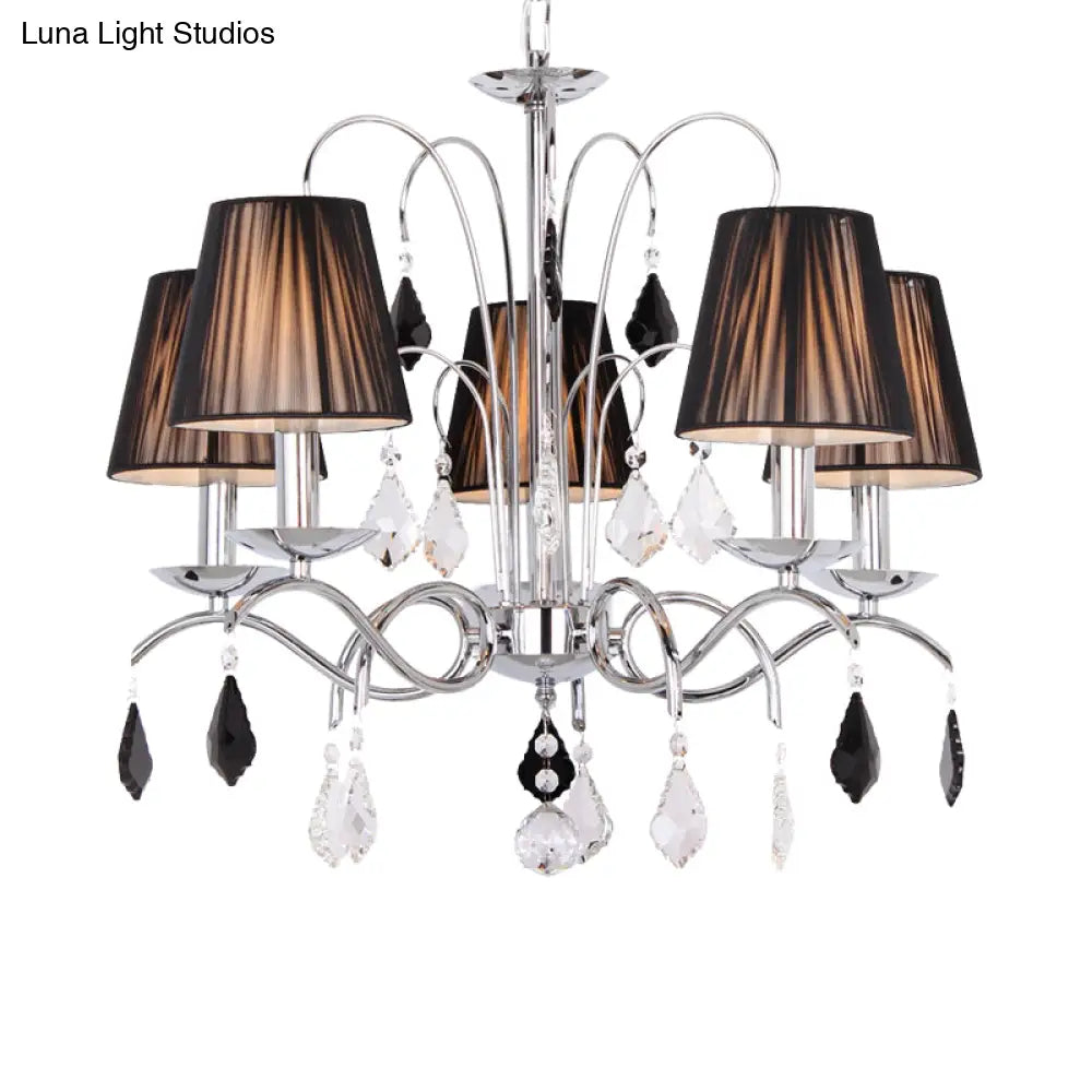 Contemporary Black 5-Light Chandelier With Swirled Arm Pleated Fabric Shade - Ceiling Fixture