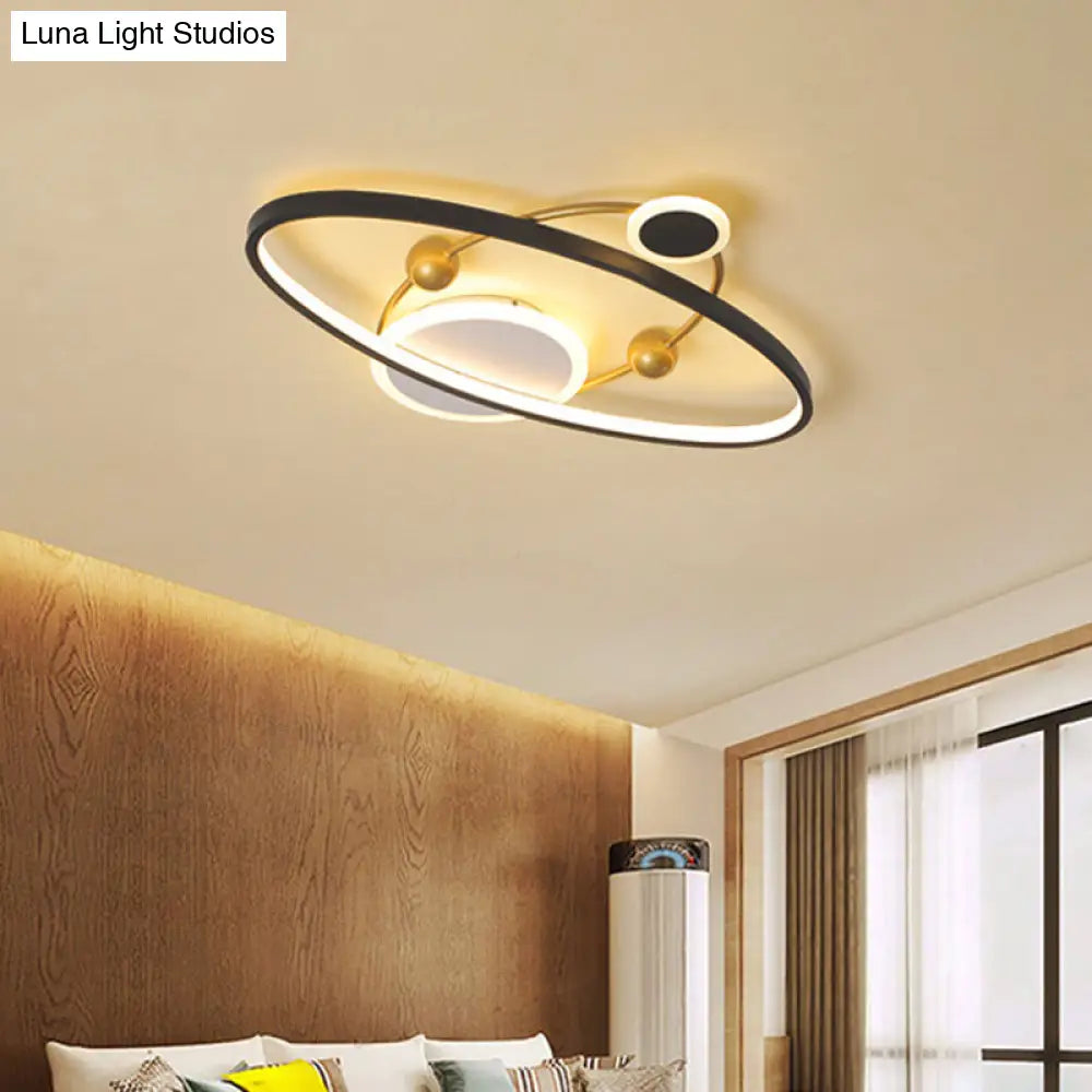 Contemporary Black Acrylic Led Flush Mount Lamp Planet Living Room Ceiling Fixture With Warm/White