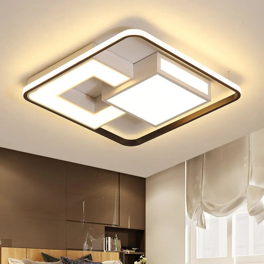 Contemporary Black And White Led Flush Mount Lamp In Warm/White Light - Metallic Block Design For