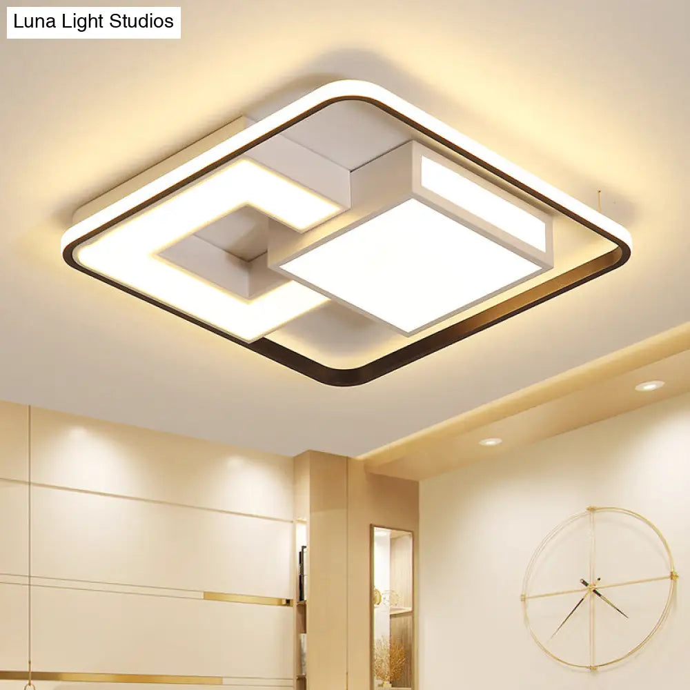 Contemporary Black And White Led Flush Mount Lamp In Warm/White Light - Metallic Block Design For