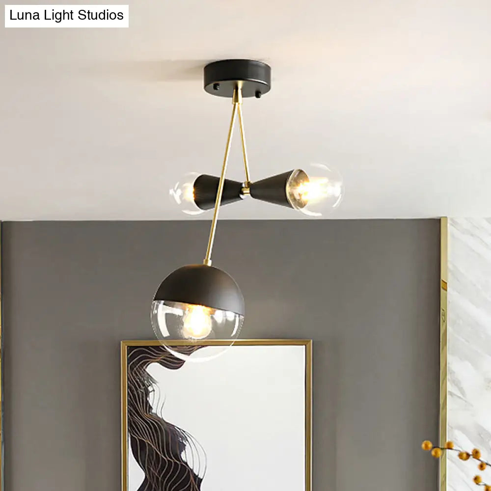 Contemporary Black Ball And Hourglass Semi Flush Mount Ceiling Light With 3 Bulbs Clear Glass