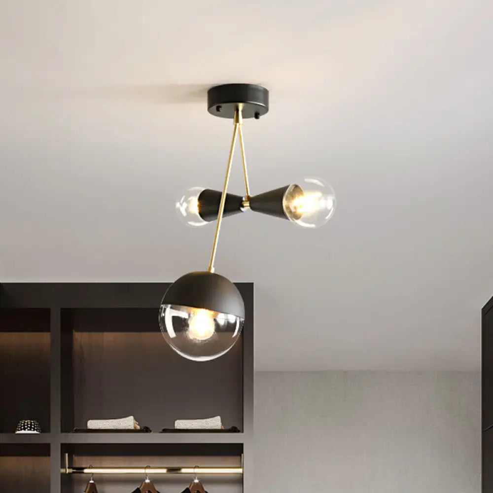 Contemporary Black Ball And Hourglass Semi Flush Mount Ceiling Light With 3 Bulbs – Clear Glass