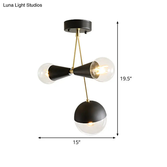 Contemporary Black Ball And Hourglass Semi Flush Mount Ceiling Light With 3 Bulbs Clear Glass