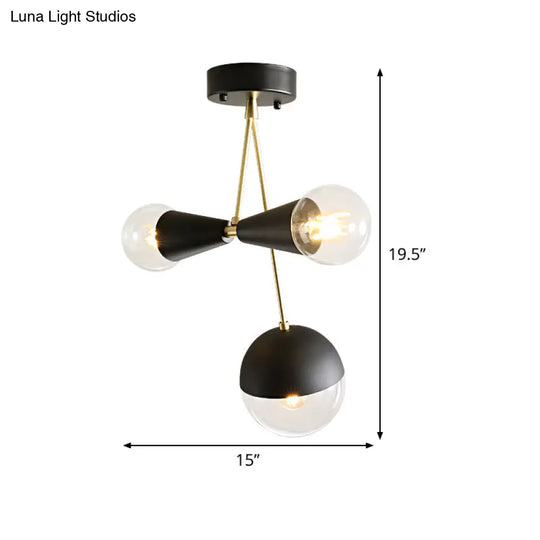 Contemporary Black Ball And Hourglass Semi Flush Mount Ceiling Light With 3 Bulbs – Clear Glass