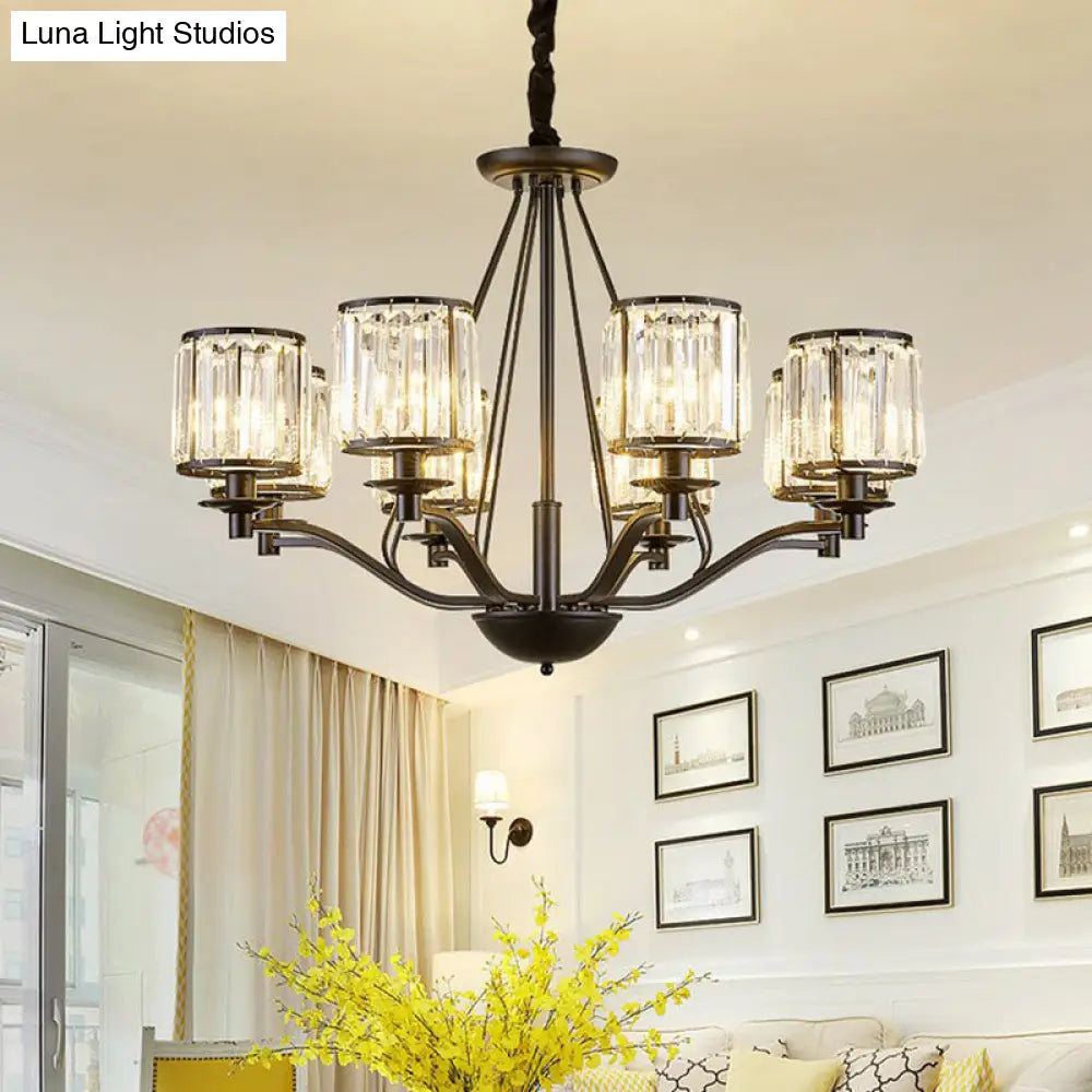 Contemporary Black Bedroom Chandelier Light With Crystal Cylinder Shade