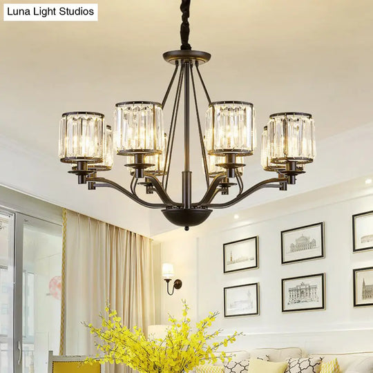 Contemporary Black Bedroom Chandelier Light With Crystal Cylinder Shade