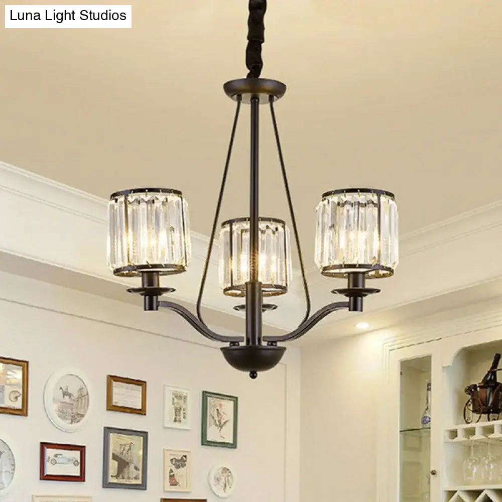 Contemporary Black Bedroom Chandelier Light With Crystal Cylinder Shade