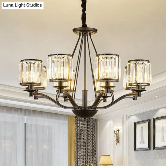 Contemporary Black Bedroom Chandelier Light With Crystal Cylinder Shade