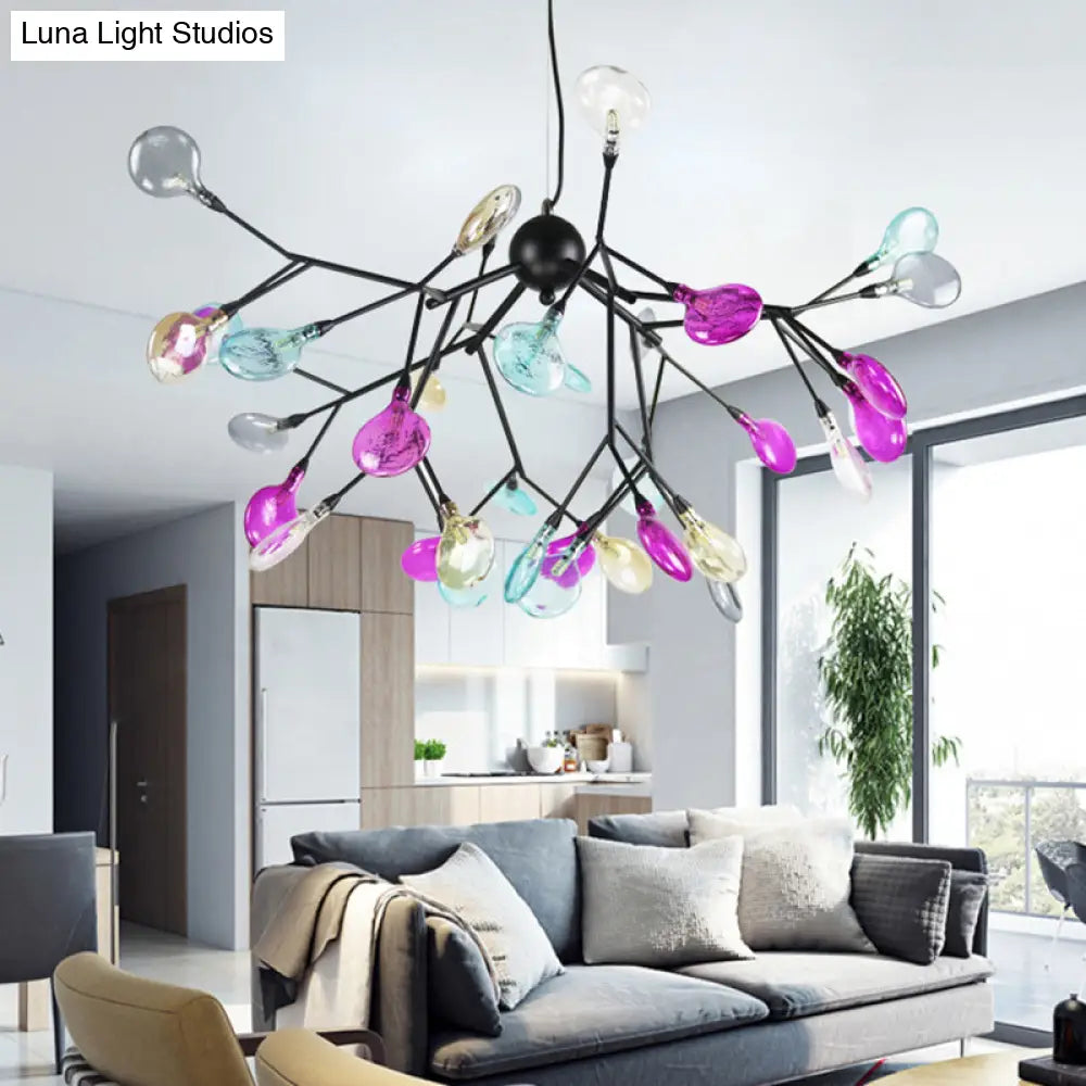 Contemporary Black Branching Chandelier With Colorful Glass Shades - 27/36 Lights