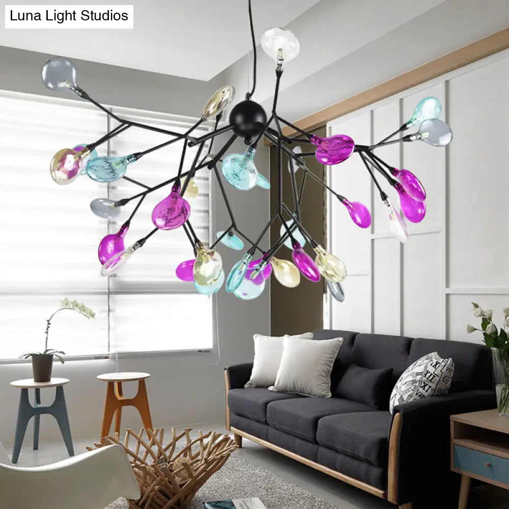 Contemporary Black Branching Chandelier With Colorful Glass Shades - 27/36 Lights