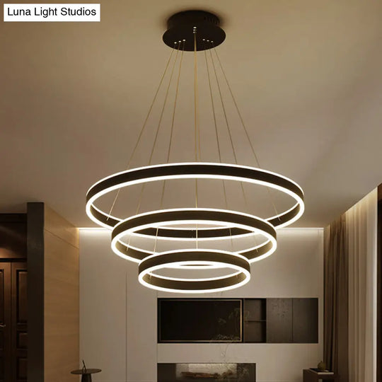 Contemporary Black/Brown Ring Pendant Chandelier With Acrylic Led Lights - 2/3/4 Options In