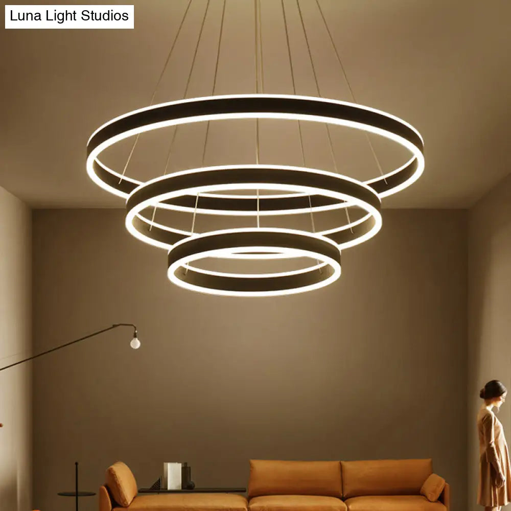 Contemporary Black/Brown Ring Pendant Chandelier With Acrylic Led Lights - 2/3/4 Options In