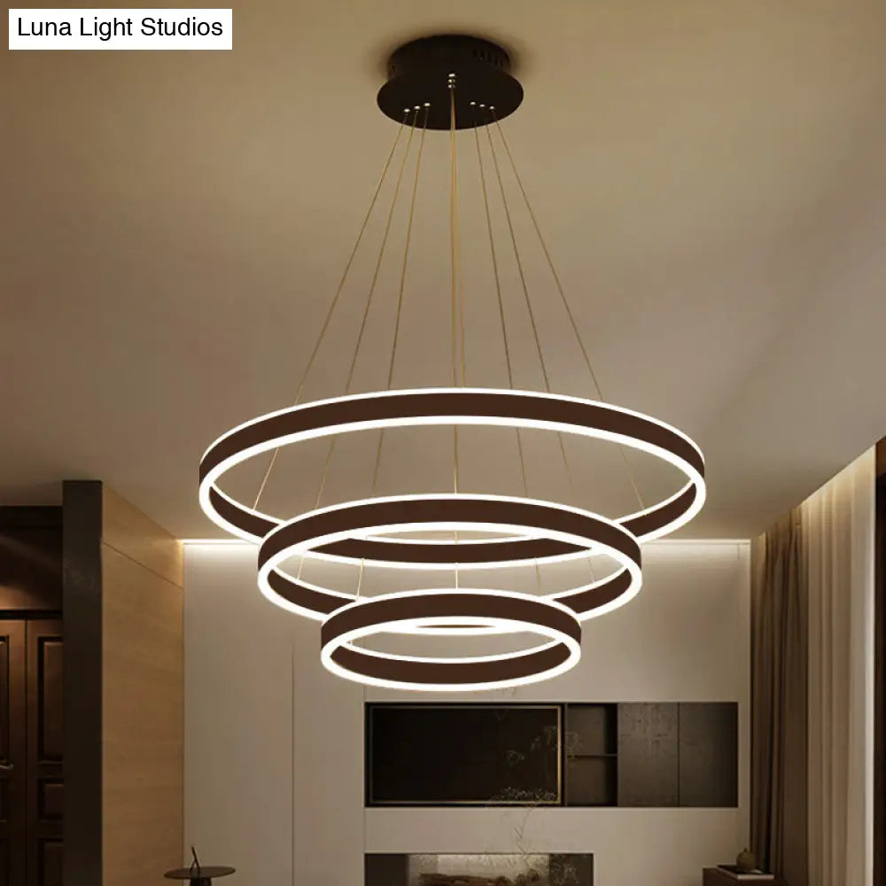 Contemporary Black/Brown Ring Pendant Chandelier With Acrylic Led Lights - 2/3/4 Options In