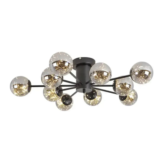 Contemporary Black Ceiling Light Fixture With Radial Smoke Grey Glass - Living Room Semi Flush