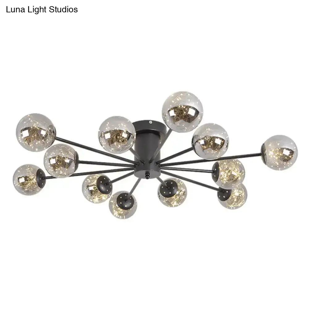 Contemporary Black Ceiling Light Fixture With Radial Smoke Grey Glass - Living Room Semi Flush Mount