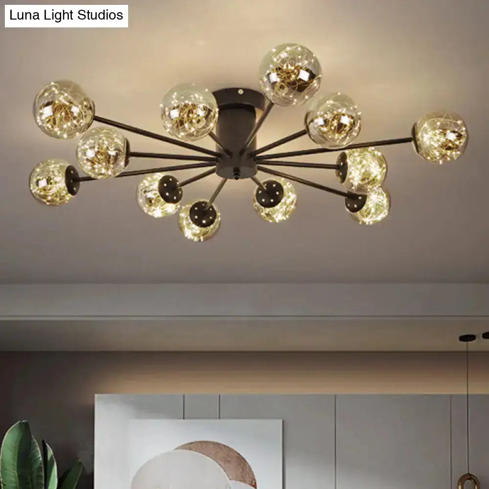 Contemporary Black Ceiling Light Fixture With Radial Smoke Grey Glass - Living Room Semi Flush Mount