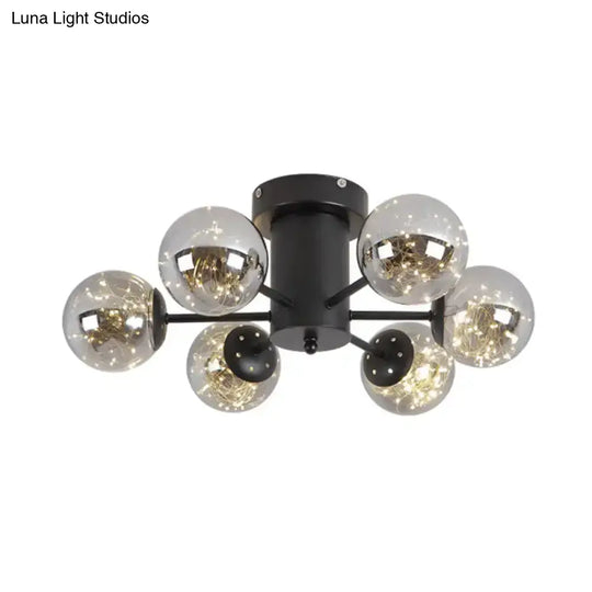 Contemporary Black Ceiling Light Fixture With Radial Smoke Grey Glass - Living Room Semi Flush Mount