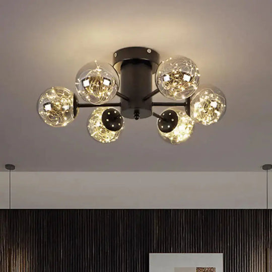 Contemporary Black Ceiling Light Fixture With Radial Smoke Grey Glass - Living Room Semi Flush