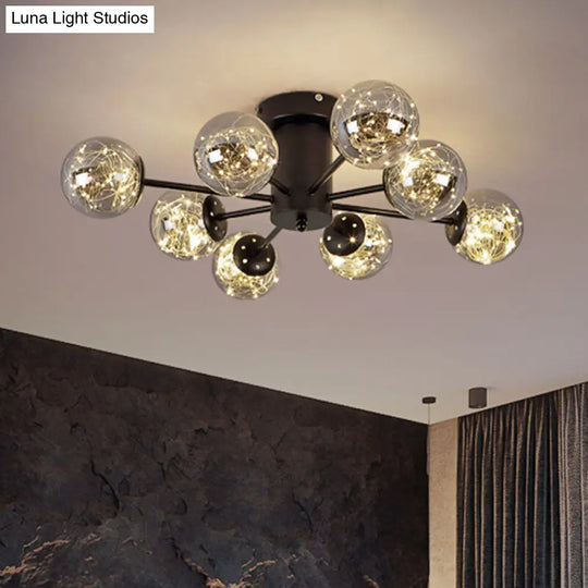 Contemporary Black Ceiling Light Fixture With Radial Smoke Grey Glass - Living Room Semi Flush Mount