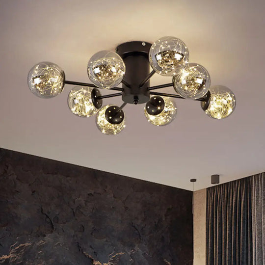 Contemporary Black Ceiling Light Fixture With Radial Smoke Grey Glass - Living Room Semi Flush
