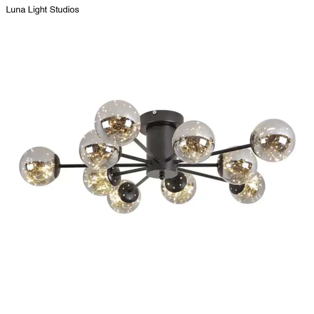 Contemporary Black Ceiling Light Fixture With Radial Smoke Grey Glass - Living Room Semi Flush Mount