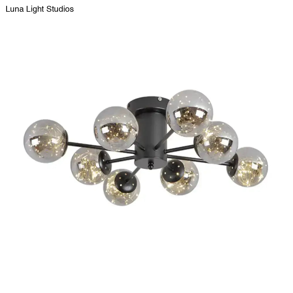 Contemporary Black Ceiling Light Fixture With Radial Smoke Grey Glass - Living Room Semi Flush Mount