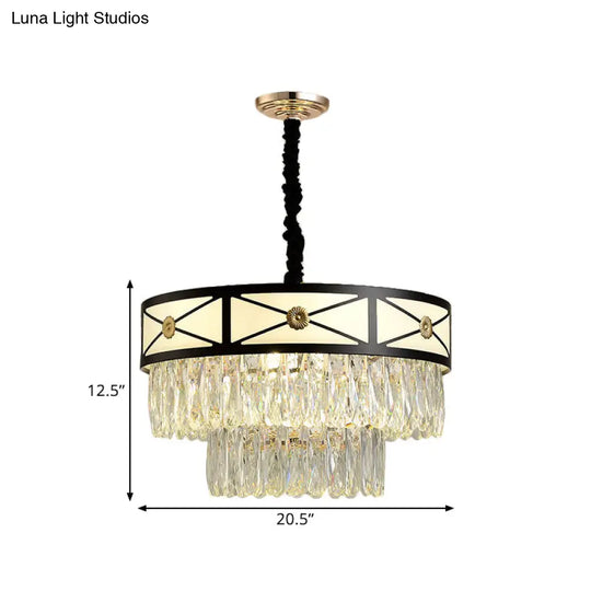 Contemporary Black Chandelier: 9 Heads Clear Crystal 3-Layer Round Suspension Light