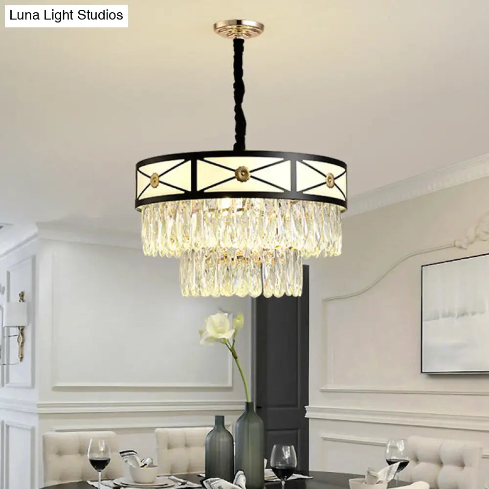 Contemporary Black Crystal Chandelier - 9 Heads 3-Layer Round Suspension Light