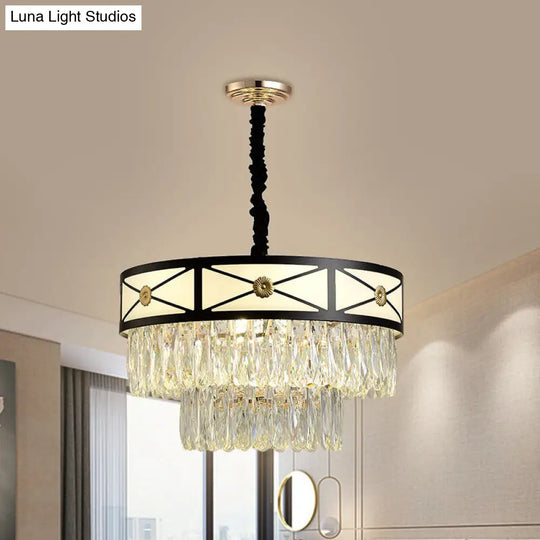 Contemporary Black Crystal Chandelier - 9 Heads 3-Layer Round Suspension Light