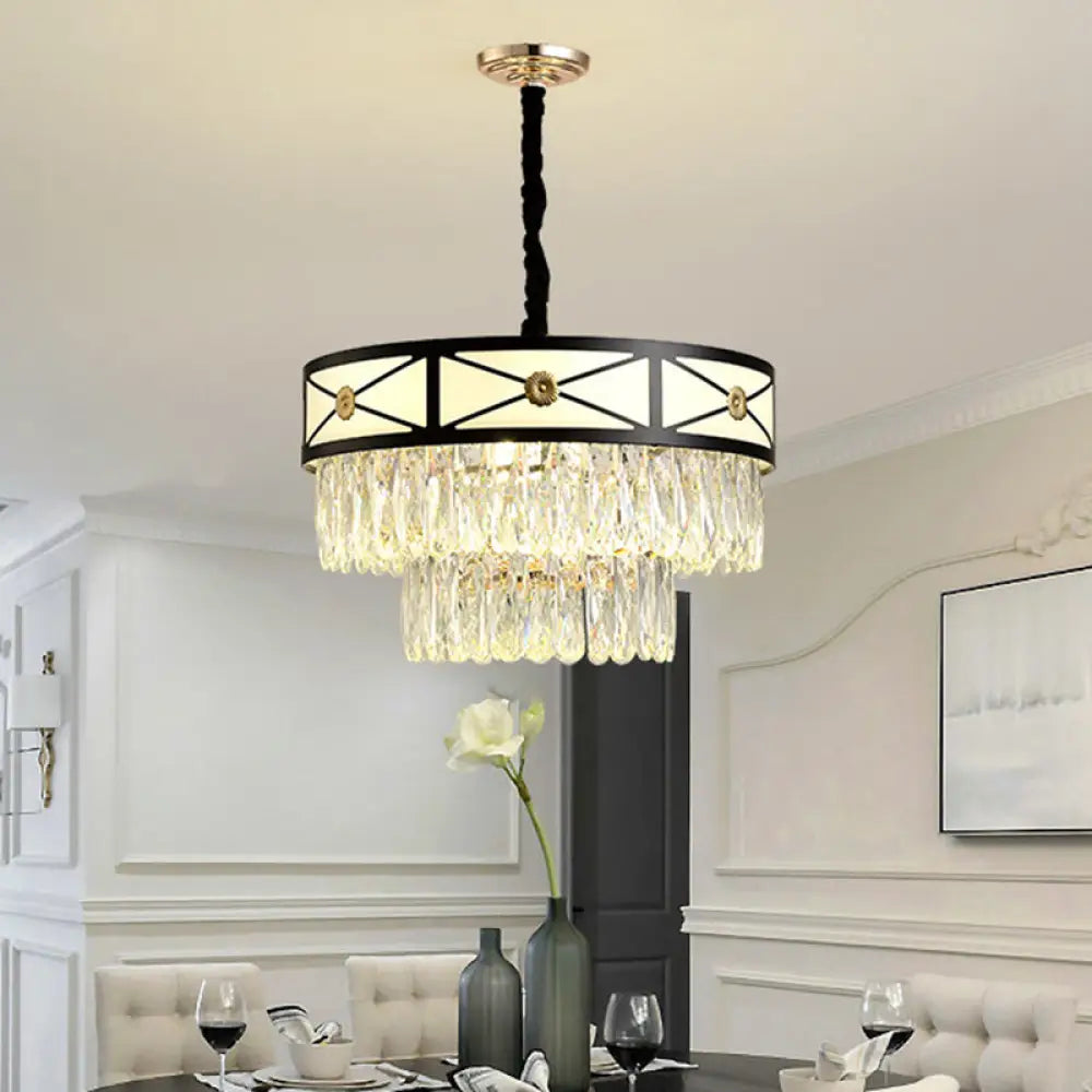 Contemporary Black Chandelier: 9 Heads Clear Crystal 3-Layer Round Suspension Light