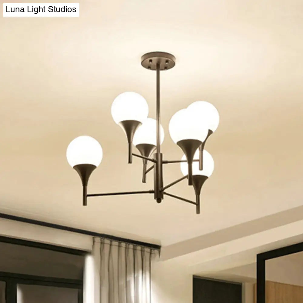 Contemporary Black Chandelier Lamp: Sphere White Glass Hanging Lighting 6 Lights For Living Room