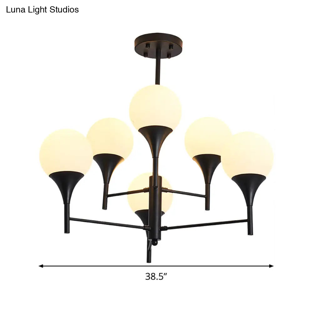 Contemporary Black Chandelier Lamp: Sphere White Glass Hanging Lighting 6 Lights For Living Room