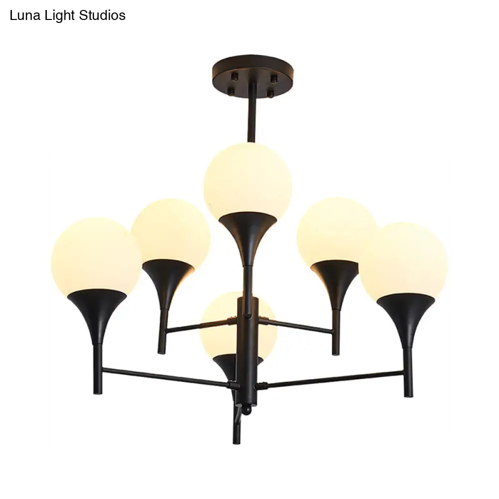 Contemporary Black Chandelier Lamp: Sphere White Glass Hanging Lighting 6 Lights For Living Room