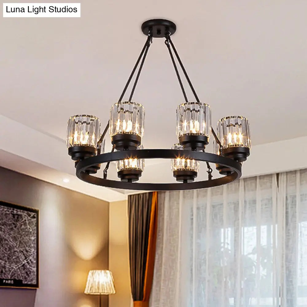 Contemporary Black Bedroom Chandelier With Cylindrical Crystal Shade - 3/6/8 Lights