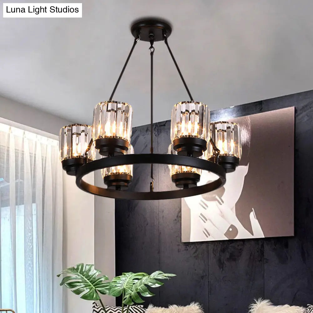 Contemporary Black Bedroom Chandelier With Cylindrical Crystal Shade - 3/6/8 Lights