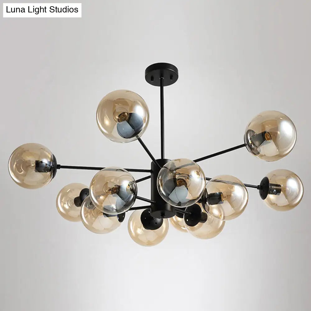 Contemporary Black Chandelier With 12 Lights Hanging Light For Living Room Amber/Blue/Clear Glass