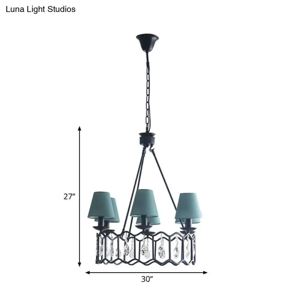 Contemporary 6-Light Black Circular Pendant Chandelier With Crystal Accents And Cone Shades Perfect