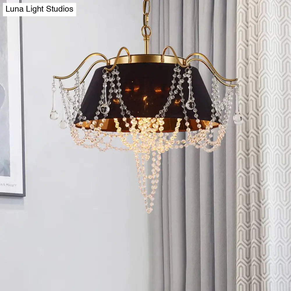 Contemporary Black Cone Pendant Ceiling Light With 4 Metal Chandelier Lights And Crystal Bead Accent