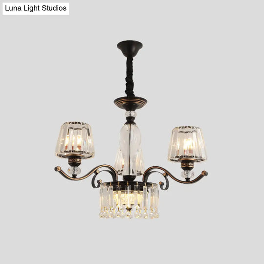 Contemporary Black Crystal Chandelier With Conic Down Lighting - 3/6 Heads