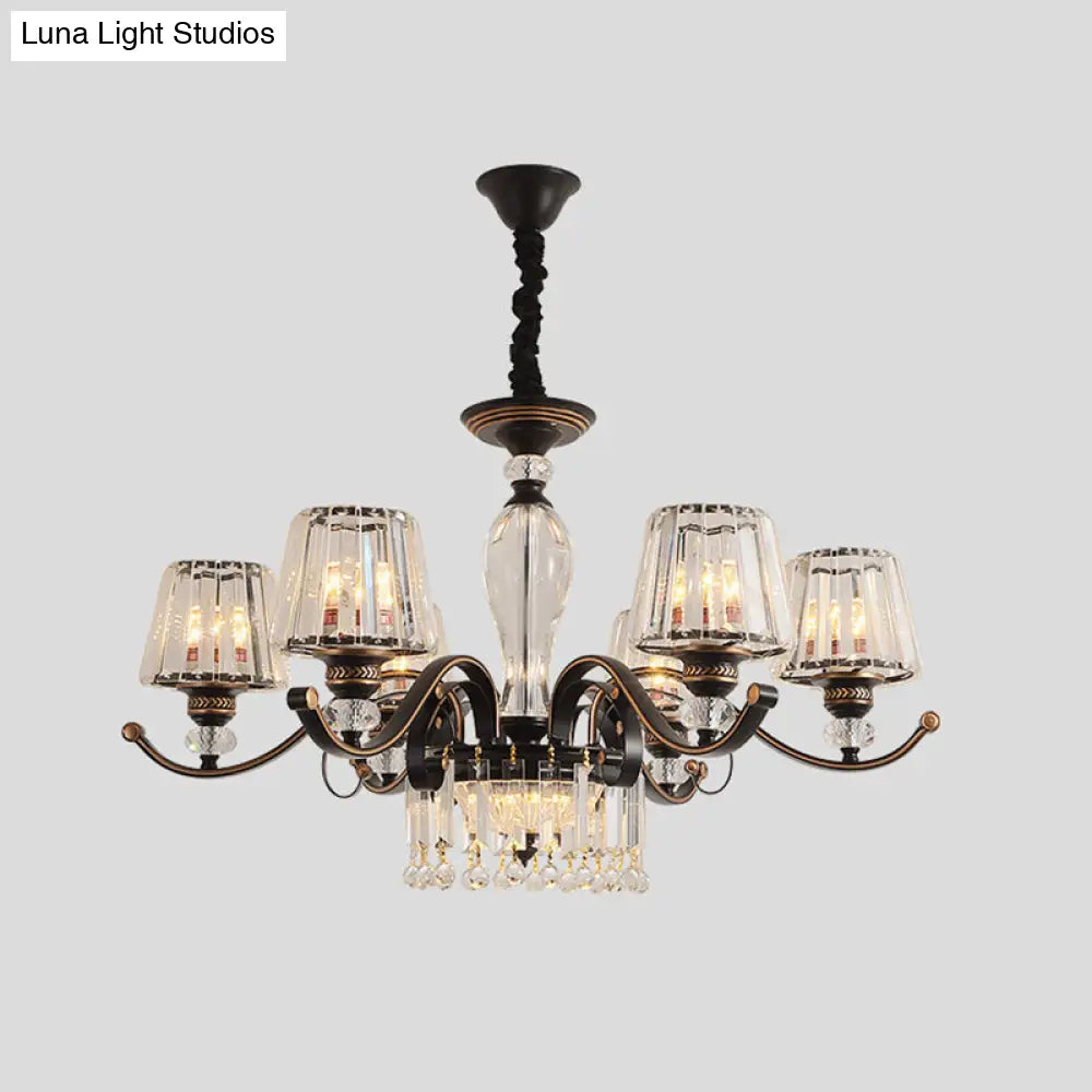 Contemporary Black Crystal Chandelier With Conic Down Lighting - 3/6 Heads