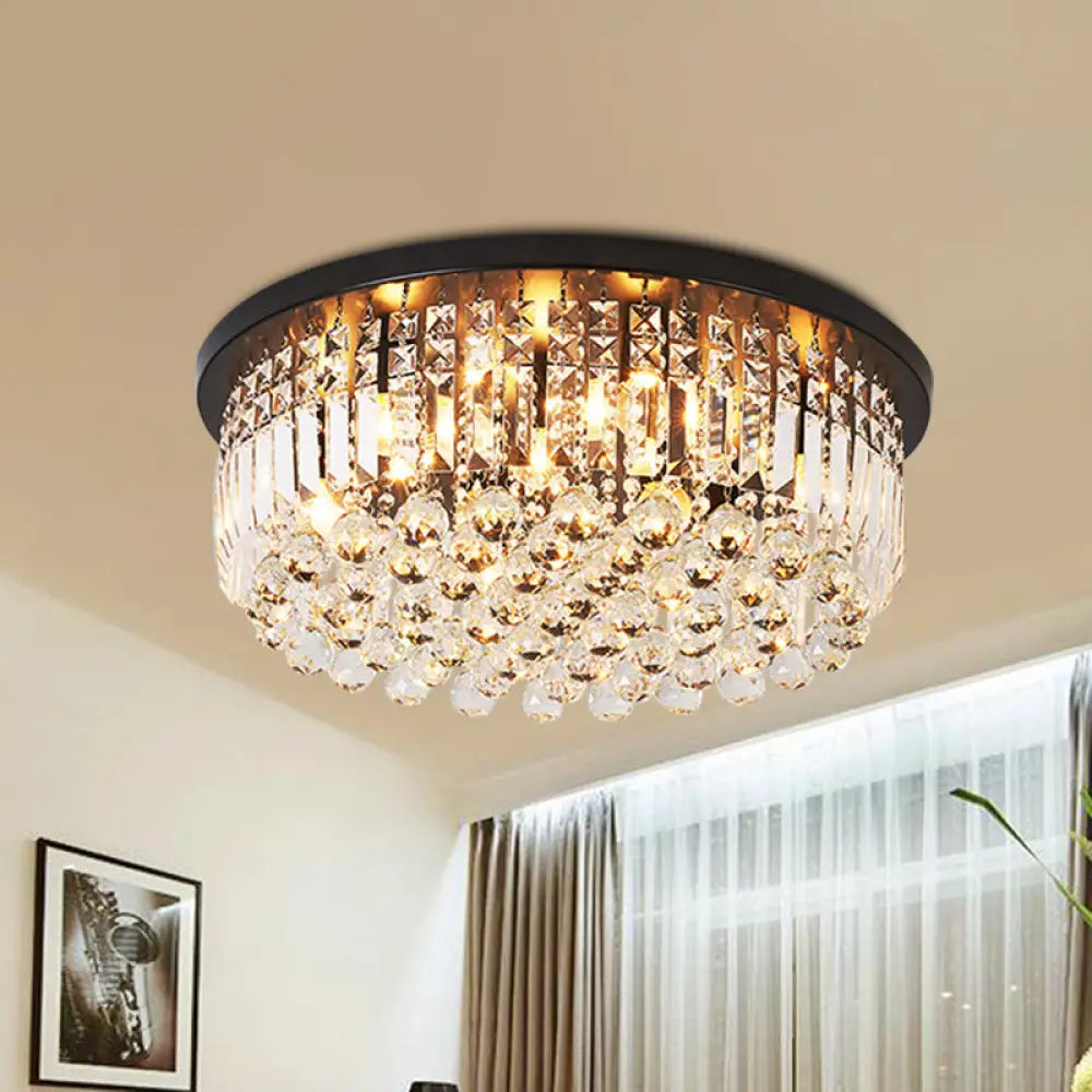 Contemporary Black Crystal Cascade Ceiling Light For Bedroom - 9 - Light Flush Mounted Fixture / B