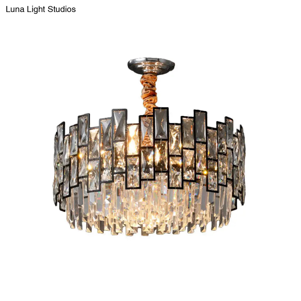 Contemporary Black 9-Head Suspension Chandelier With Clear Crystal Prism