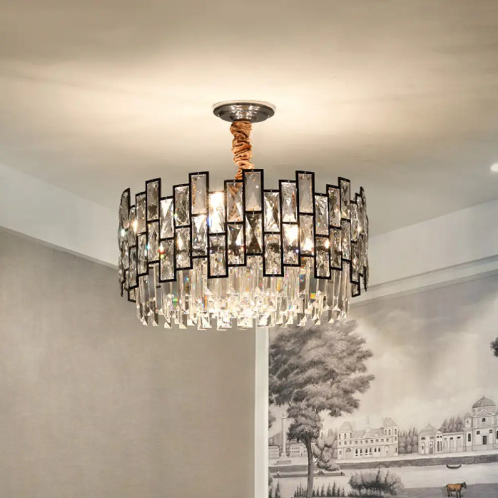 Contemporary Black Crystal Chandelier - 9-Head Suspension Lamp With Clear Prism And Dual Layers