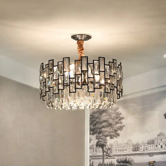 Contemporary Black Crystal Chandelier - 9-Head Suspension Lamp With Clear Prism And Dual Layers