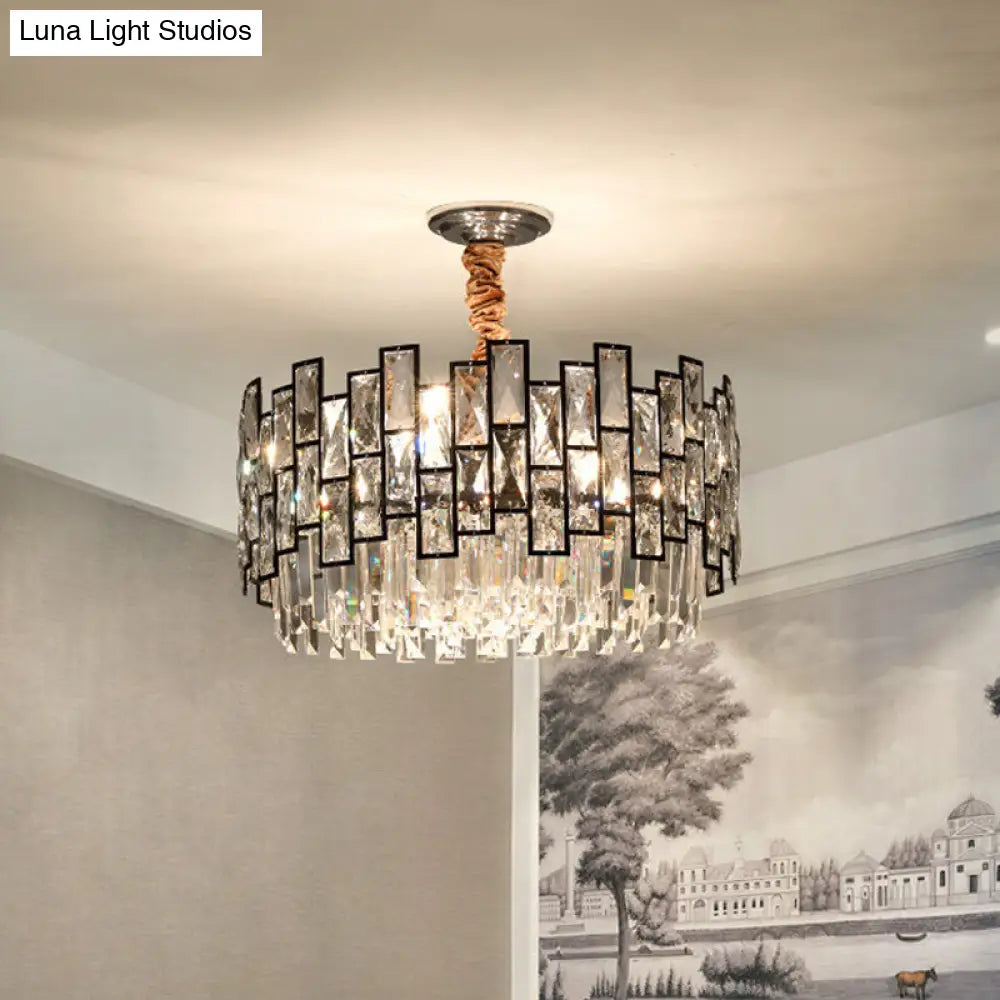 Contemporary Black 9-Head Suspension Chandelier With Clear Crystal Prism